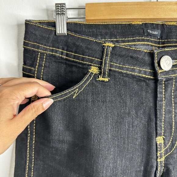 TUFI DUEK Jeans Denim Flare Leg Belted Pants Womens 42 Dark Wash Brazil Y2K 90s - Picture 4 of 13